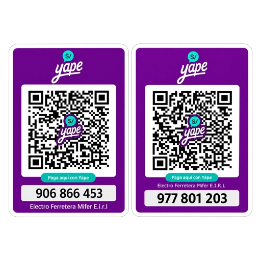 Códigos QR de Yape de Electro Ferretera Mifer: 906 866 453 y 977 801 203